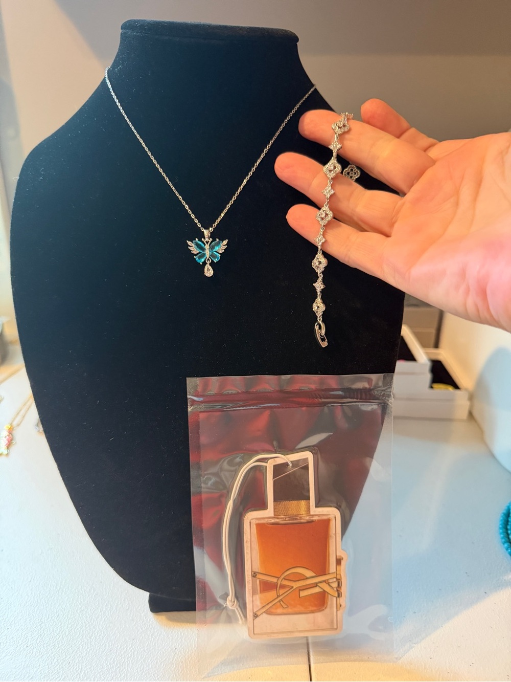 Delicate Blue Butterfly Pendant Necklace, bracelet, & air freshner